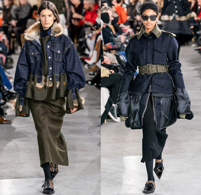 Sacai by Chitose Abe 2019-2020 Fall Autumn Winter Womens Runway Catwalk Looks - Mode à Paris Fashion Week France - Layers Deconstructed Hybrid Accordion Pleats Tribal Geometric Print Peplum Military Cargo Utility Pockets Corset Sheer Tulle Blousedress Abstract Chunky Turtleneck Knit Sweater Fringes Zipper Straps Fur Quilted Puffer Outerwear Trench Coat Parka Denim Jeans Jacket Tabard Nylon Wool Leggings Jagged Hem Skirt Handbag Leopard Boots