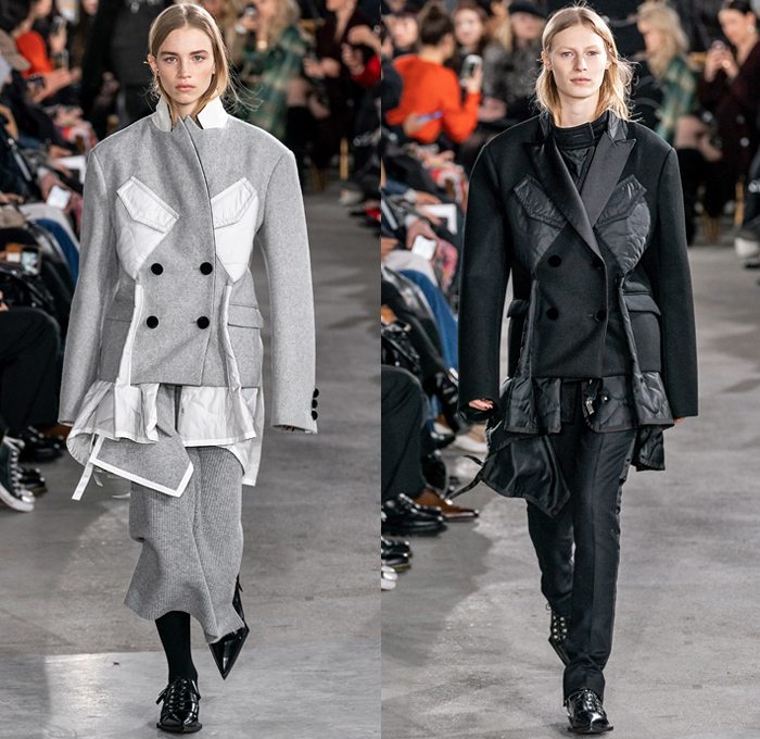 Sacai by Chitose Abe 2019-2020 Fall Autumn Winter Womens Runway Catwalk Looks - Mode à Paris Fashion Week France - Layers Deconstructed Hybrid Accordion Pleats Tribal Geometric Print Peplum Military Cargo Utility Pockets Corset Sheer Tulle Blousedress Abstract Chunky Turtleneck Knit Sweater Fringes Zipper Straps Fur Quilted Puffer Outerwear Trench Coat Parka Denim Jeans Jacket Tabard Nylon Wool Leggings Jagged Hem Skirt Handbag Leopard Boots