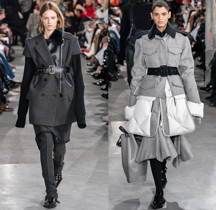 Sacai by Chitose Abe 2019-2020 Fall Autumn Winter Womens Runway Catwalk Looks - Mode à Paris Fashion Week France - Layers Deconstructed Hybrid Accordion Pleats Tribal Geometric Print Peplum Military Cargo Utility Pockets Corset Sheer Tulle Blousedress Abstract Chunky Turtleneck Knit Sweater Fringes Zipper Straps Fur Quilted Puffer Outerwear Trench Coat Parka Denim Jeans Jacket Tabard Nylon Wool Leggings Jagged Hem Skirt Handbag Leopard Boots