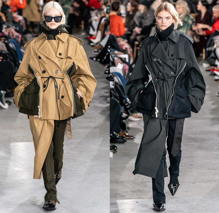 Sacai by Chitose Abe 2019-2020 Fall Autumn Winter Womens Runway Catwalk Looks - Mode à Paris Fashion Week France - Layers Deconstructed Hybrid Accordion Pleats Tribal Geometric Print Peplum Military Cargo Utility Pockets Corset Sheer Tulle Blousedress Abstract Chunky Turtleneck Knit Sweater Fringes Zipper Straps Fur Quilted Puffer Outerwear Trench Coat Parka Denim Jeans Jacket Tabard Nylon Wool Leggings Jagged Hem Skirt Handbag Leopard Boots