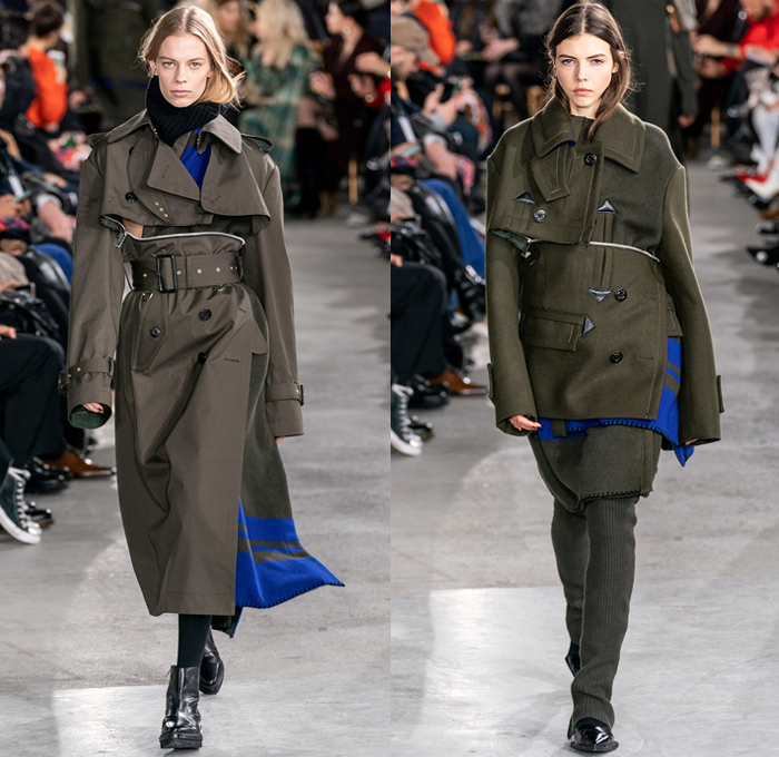 Sacai by Chitose Abe 2019-2020 Fall Autumn Winter Womens Runway Catwalk Looks - Mode à Paris Fashion Week France - Layers Deconstructed Hybrid Accordion Pleats Tribal Geometric Print Peplum Military Cargo Utility Pockets Corset Sheer Tulle Blousedress Abstract Chunky Turtleneck Knit Sweater Fringes Zipper Straps Fur Quilted Puffer Outerwear Trench Coat Parka Denim Jeans Jacket Tabard Nylon Wool Leggings Jagged Hem Skirt Handbag Leopard Boots