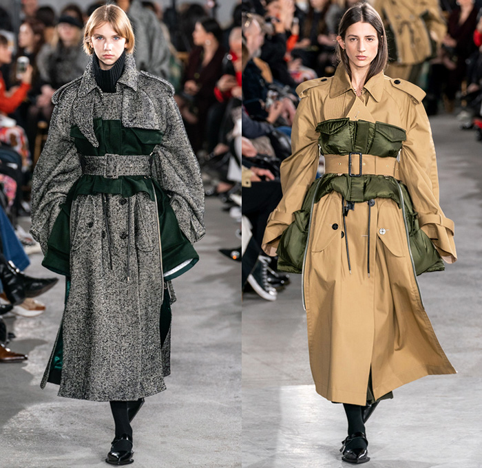 Sacai by Chitose Abe 2019-2020 Fall Autumn Winter Womens Runway Catwalk Looks - Mode à Paris Fashion Week France - Layers Deconstructed Hybrid Accordion Pleats Tribal Geometric Print Peplum Military Cargo Utility Pockets Corset Sheer Tulle Blousedress Abstract Chunky Turtleneck Knit Sweater Fringes Zipper Straps Fur Quilted Puffer Outerwear Trench Coat Parka Denim Jeans Jacket Tabard Nylon Wool Leggings Jagged Hem Skirt Handbag Leopard Boots