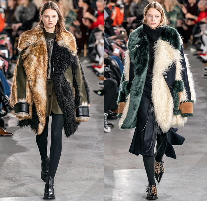 Sacai by Chitose Abe 2019-2020 Fall Autumn Winter Womens Runway Catwalk Looks - Mode à Paris Fashion Week France - Layers Deconstructed Hybrid Accordion Pleats Tribal Geometric Print Peplum Military Cargo Utility Pockets Corset Sheer Tulle Blousedress Abstract Chunky Turtleneck Knit Sweater Fringes Zipper Straps Fur Quilted Puffer Outerwear Trench Coat Parka Denim Jeans Jacket Tabard Nylon Wool Leggings Jagged Hem Skirt Handbag Leopard Boots