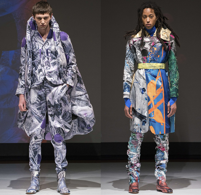 threeASFOUR 2019-2020 Fall Autumn Winter Mens Lookbook Presentation - New York Fashion Week NYFW - Lightbeings Trench Coat Suit Blazer Crackleture Paint Abstract Liquefied Turtleneck Mask Vest Asymmetrical Manskirt Circles Planets Tiered Overlapping Layers Dress PonchoBoots