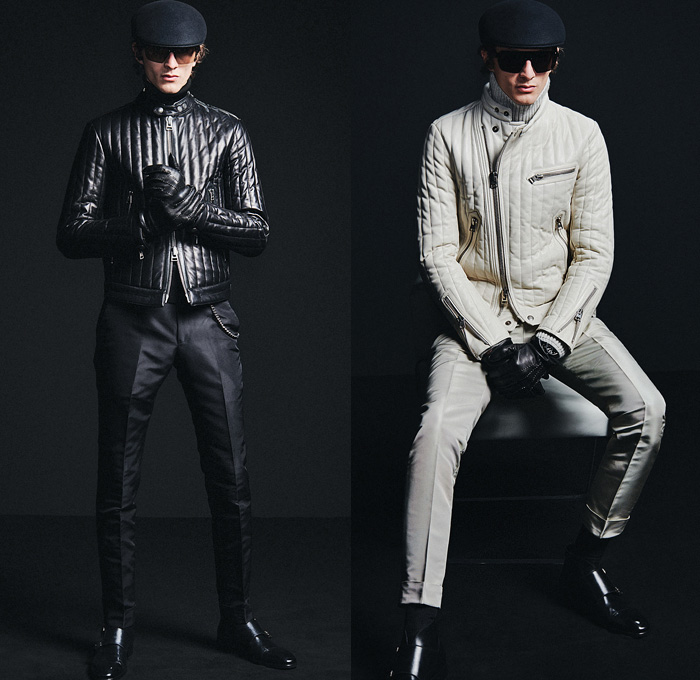 Tom Ford 2019-2020 Fall Autumn Winter Mens Lookbook Presentation - Milano Moda Uomo Milan Fashion Week Italy - Black Noir Arctic Quilted Puffer Parka Cargo Utility Pocket Trench Coat Single Breasted Pinstripe Suit Blazer Knit Turtleneck Sweater Grunge Swirls Paintstroke Leather Wool Motorcycle Biker Rider Jacket Zipper Chain Necktie Metallic Sheen Duffel Bag Sunglasses Newsboy Cap Gloves Boots 