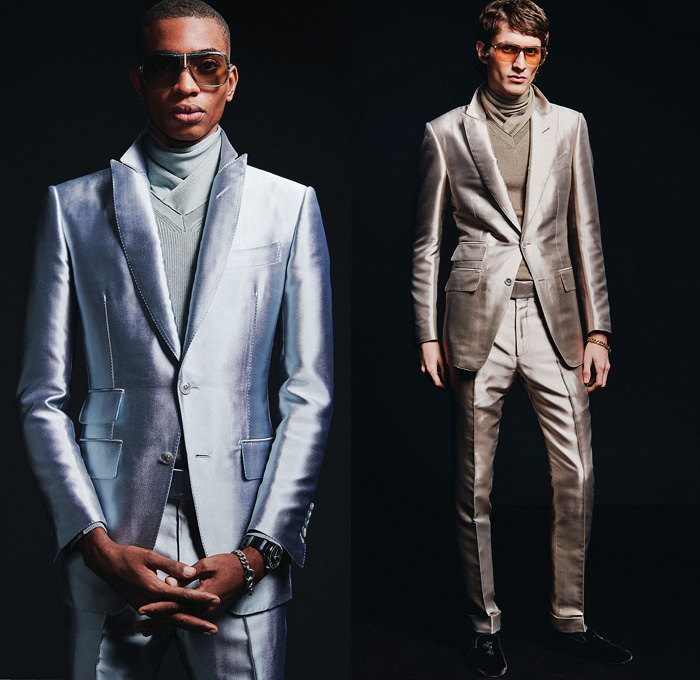 Tom Ford 2019-2020 Fall Autumn Winter Mens Lookbook Presentation - Milano Moda Uomo Milan Fashion Week Italy - Black Noir Arctic Quilted Puffer Parka Cargo Utility Pocket Trench Coat Single Breasted Pinstripe Suit Blazer Knit Turtleneck Sweater Grunge Swirls Paintstroke Leather Wool Motorcycle Biker Rider Jacket Zipper Chain Necktie Metallic Sheen Duffel Bag Sunglasses Newsboy Cap Gloves Boots 