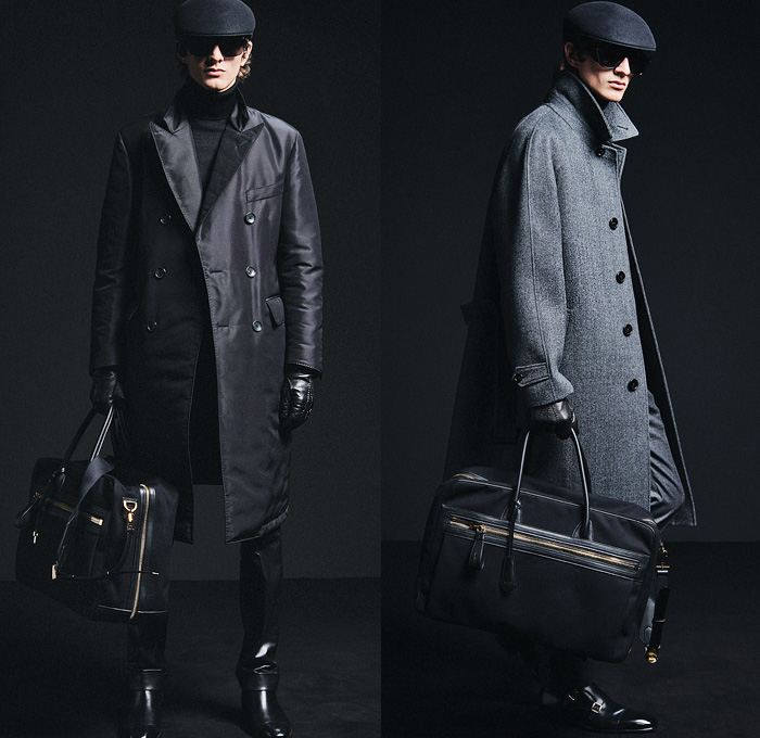 Tom Ford 2019-2020 Fall Autumn Winter Mens Lookbook Presentation - Milano Moda Uomo Milan Fashion Week Italy - Black Noir Arctic Quilted Puffer Parka Cargo Utility Pocket Trench Coat Single Breasted Pinstripe Suit Blazer Knit Turtleneck Sweater Grunge Swirls Paintstroke Leather Wool Motorcycle Biker Rider Jacket Zipper Chain Necktie Metallic Sheen Duffel Bag Sunglasses Newsboy Cap Gloves Boots 