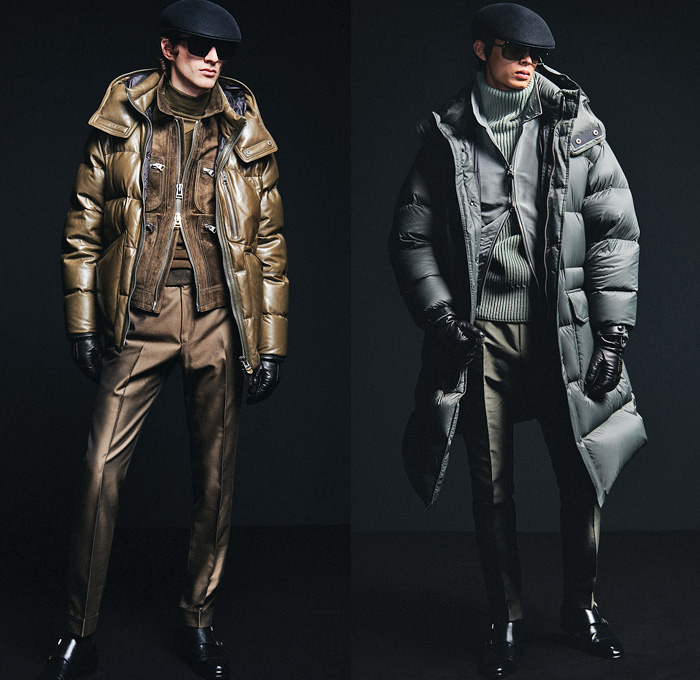 Tom Ford 2019-2020 Fall Autumn Winter Mens Lookbook Presentation - Milano Moda Uomo Milan Fashion Week Italy - Black Noir Arctic Quilted Puffer Parka Cargo Utility Pocket Trench Coat Single Breasted Pinstripe Suit Blazer Knit Turtleneck Sweater Grunge Swirls Paintstroke Leather Wool Motorcycle Biker Rider Jacket Zipper Chain Necktie Metallic Sheen Duffel Bag Sunglasses Newsboy Cap Gloves Boots 