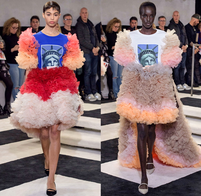 Tomotaka Koizumi 2019-2020 Fall Autumn Winter Womens Runway Catwalk Looks - New York Fashion Week NYFW - Statue of Liberty Sculptural Dimensional Sphere Bubble Ruffles Frills Ruche Ombré Gradient Popsicle Colors Sheer Tulle Mullet High-Low Hem Corset Lace Needlework Tied Rings Tiered Strapless Spots Cape Coat Bedazzled Sequins Dress Gown Eveningwear