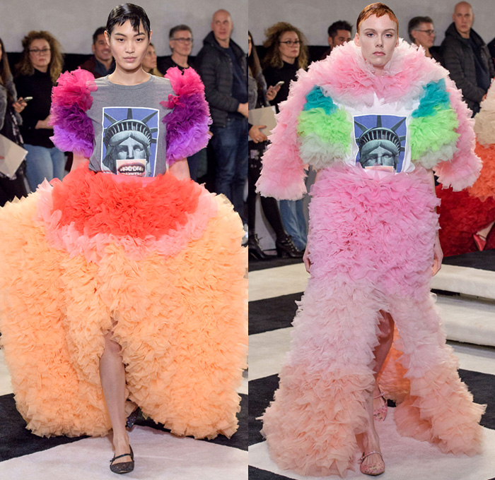 Tomotaka Koizumi 2019-2020 Fall Autumn Winter Womens Runway Catwalk Looks - New York Fashion Week NYFW - Statue of Liberty Sculptural Dimensional Sphere Bubble Ruffles Frills Ruche Ombré Gradient Popsicle Colors Sheer Tulle Mullet High-Low Hem Corset Lace Needlework Tied Rings Tiered Strapless Spots Cape Coat Bedazzled Sequins Dress Gown Eveningwear