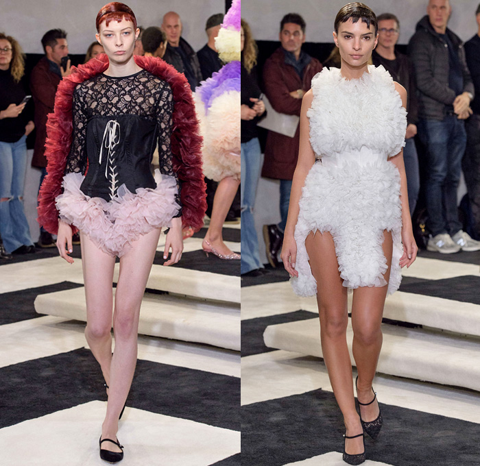 Tomotaka Koizumi 2019-2020 Fall Autumn Winter Womens Runway Catwalk Looks - New York Fashion Week NYFW - Statue of Liberty Sculptural Dimensional Sphere Bubble Ruffles Frills Ruche Ombré Gradient Popsicle Colors Sheer Tulle Mullet High-Low Hem Corset Lace Needlework Tied Rings Tiered Strapless Spots Cape Coat Bedazzled Sequins Dress Gown Eveningwear