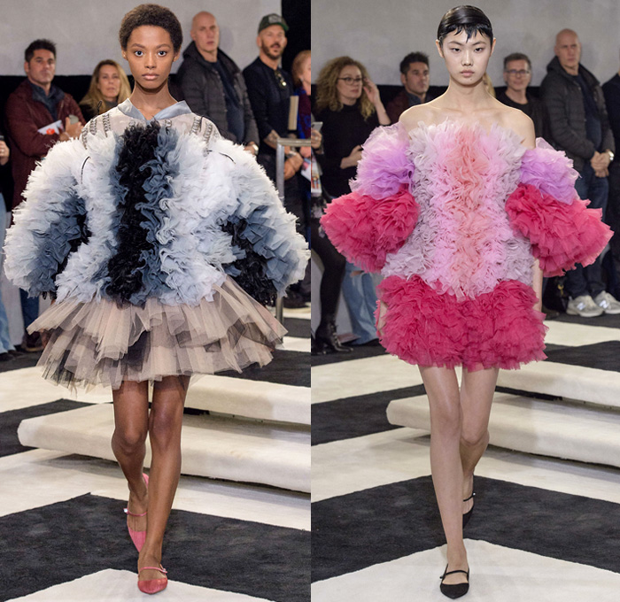 Tomotaka Koizumi 2019-2020 Fall Autumn Winter Womens Runway Catwalk Looks - New York Fashion Week NYFW - Statue of Liberty Sculptural Dimensional Sphere Bubble Ruffles Frills Ruche Ombré Gradient Popsicle Colors Sheer Tulle Mullet High-Low Hem Corset Lace Needlework Tied Rings Tiered Strapless Spots Cape Coat Bedazzled Sequins Dress Gown Eveningwear