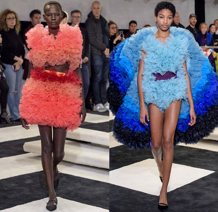 Tomotaka Koizumi 2019-2020 Fall Autumn Winter Womens Runway Catwalk Looks - New York Fashion Week NYFW - Statue of Liberty Sculptural Dimensional Sphere Bubble Ruffles Frills Ruche Ombré Gradient Popsicle Colors Sheer Tulle Mullet High-Low Hem Corset Lace Needlework Tied Rings Tiered Strapless Spots Cape Coat Bedazzled Sequins Dress Gown Eveningwear