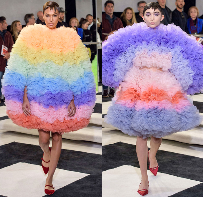 Tomotaka Koizumi 2019-2020 Fall Autumn Winter Womens Runway Catwalk Looks - New York Fashion Week NYFW - Statue of Liberty Sculptural Dimensional Sphere Bubble Ruffles Frills Ruche Ombré Gradient Popsicle Colors Sheer Tulle Mullet High-Low Hem Corset Lace Needlework Tied Rings Tiered Strapless Spots Cape Coat Bedazzled Sequins Dress Gown Eveningwear