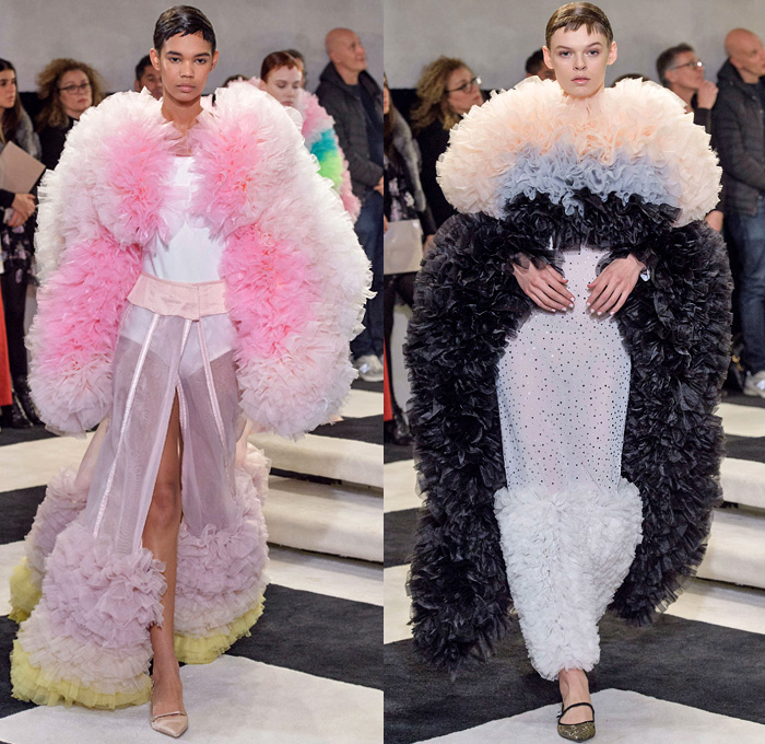 Tomotaka Koizumi 2019-2020 Fall Autumn Winter Womens Runway Catwalk Looks - New York Fashion Week NYFW - Statue of Liberty Sculptural Dimensional Sphere Bubble Ruffles Frills Ruche Ombré Gradient Popsicle Colors Sheer Tulle Mullet High-Low Hem Corset Lace Needlework Tied Rings Tiered Strapless Spots Cape Coat Bedazzled Sequins Dress Gown Eveningwear