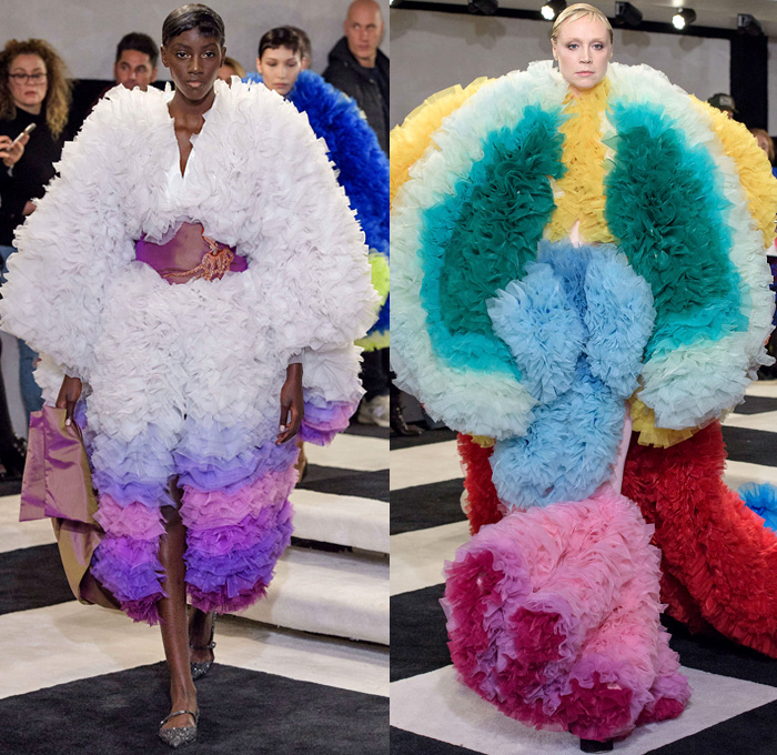 Tomotaka Koizumi 2019-2020 Fall Autumn Winter Womens Runway Catwalk Looks - New York Fashion Week NYFW - Statue of Liberty Sculptural Dimensional Sphere Bubble Ruffles Frills Ruche Ombré Gradient Popsicle Colors Sheer Tulle Mullet High-Low Hem Corset Lace Needlework Tied Rings Tiered Strapless Spots Cape Coat Bedazzled Sequins Dress Gown Eveningwear