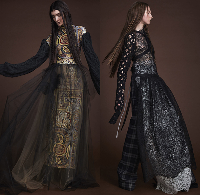 Vera Wang 2019-2020 Fall Autumn Winter Womens Lookbook Presentation - New York Fashion Week NYFW - Celtic Warrior Tonnag Shawl Draped Wool Chunky Knit Sweater Elongated Sleeves Ornamental Decorative Art Sheer Tulle Mesh Lace Embroidery Cutwork Needlework Flowers Floral Rope Plaid Tartan Check Pantsuit Wide Leg Palazzo Pants Gown Dress Pantsuit Layers Volume Stockings Tights Shorts Straps Ruffles High Slit Skirt Panel Sequins Bedazzled Tabard Stiletto Boots