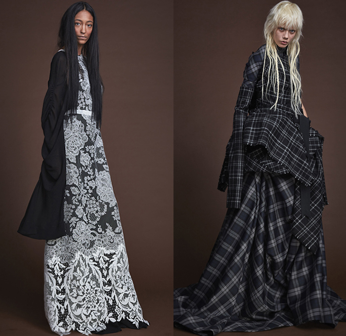 Vera Wang 2019-2020 Fall Autumn Winter Womens Lookbook Presentation - New York Fashion Week NYFW - Celtic Warrior Tonnag Shawl Draped Wool Chunky Knit Sweater Elongated Sleeves Ornamental Decorative Art Sheer Tulle Mesh Lace Embroidery Cutwork Needlework Flowers Floral Rope Plaid Tartan Check Pantsuit Wide Leg Palazzo Pants Gown Dress Pantsuit Layers Volume Stockings Tights Shorts Straps Ruffles High Slit Skirt Panel Sequins Bedazzled Tabard Stiletto Boots