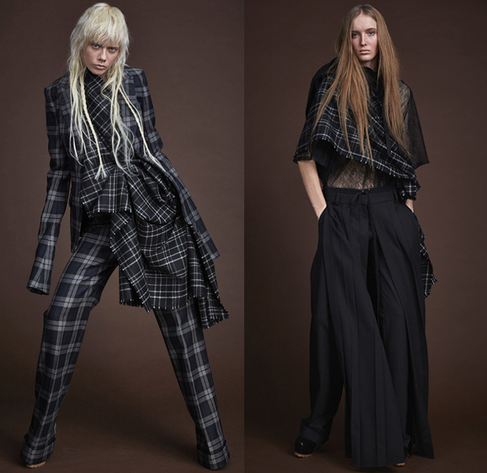 Vera Wang 2019-2020 Fall Autumn Winter Womens Lookbook Presentation - New York Fashion Week NYFW - Celtic Warrior Tonnag Shawl Draped Wool Chunky Knit Sweater Elongated Sleeves Ornamental Decorative Art Sheer Tulle Mesh Lace Embroidery Cutwork Needlework Flowers Floral Rope Plaid Tartan Check Pantsuit Wide Leg Palazzo Pants Gown Dress Pantsuit Layers Volume Stockings Tights Shorts Straps Ruffles High Slit Skirt Panel Sequins Bedazzled Tabard Stiletto Boots