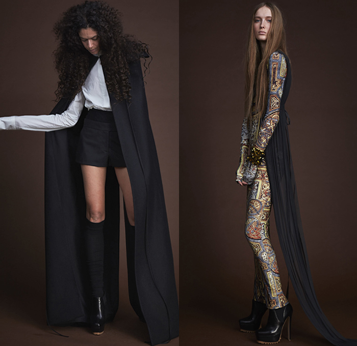 Vera Wang 2019-2020 Fall Autumn Winter Womens Lookbook Presentation - New York Fashion Week NYFW - Celtic Warrior Tonnag Shawl Draped Wool Chunky Knit Sweater Elongated Sleeves Ornamental Decorative Art Sheer Tulle Mesh Lace Embroidery Cutwork Needlework Flowers Floral Rope Plaid Tartan Check Pantsuit Wide Leg Palazzo Pants Gown Dress Pantsuit Layers Volume Stockings Tights Shorts Straps Ruffles High Slit Skirt Panel Sequins Bedazzled Tabard Stiletto Boots