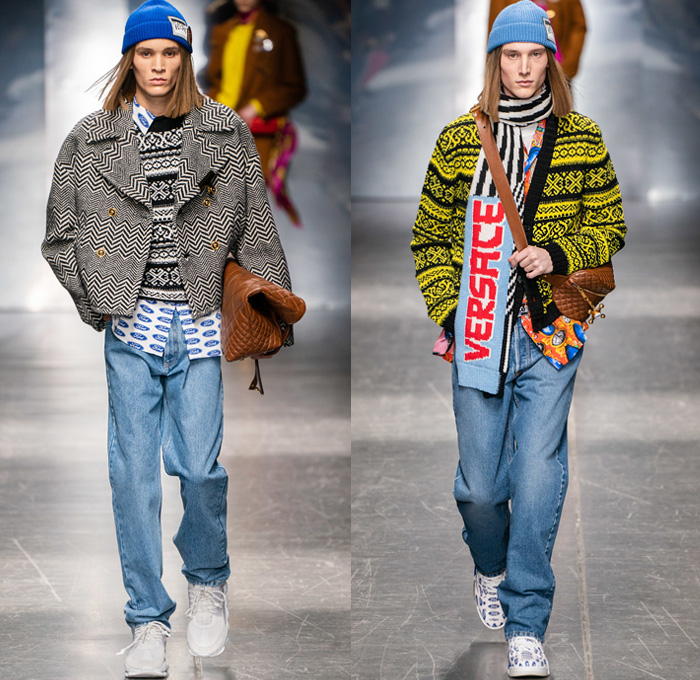 Versace 2019-2020 Fall Autumn Winter Mens Runway Looks - Milano Moda Uomo Milan Fashion Week Italy - High Streetwear Barocco Ford Collaboration Beanie Knitwear Sweater Zigzag Coat Peacoat Stripes Leopard Belts Brooch Ornaments Print Graphic Campaign Buttons Pins Plastic Rainwear Scarf Suit Moto Biker Pants Boxing Shorts Slouchy Denim Jeans Bedazzled Fanny Pack Bum Bag Tote Trainers Running Shoes