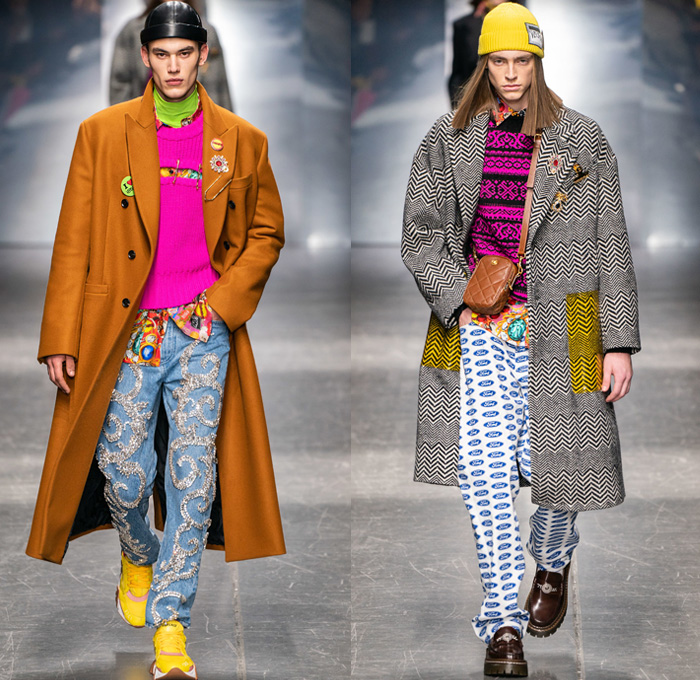 Versace 2019-2020 Fall Autumn Winter Mens Runway Looks - Milano Moda Uomo Milan Fashion Week Italy - High Streetwear Barocco Ford Collaboration Beanie Knitwear Sweater Zigzag Coat Peacoat Stripes Leopard Belts Brooch Ornaments Print Graphic Campaign Buttons Pins Plastic Rainwear Scarf Suit Moto Biker Pants Boxing Shorts Slouchy Denim Jeans Bedazzled Fanny Pack Bum Bag Tote Trainers Running Shoes