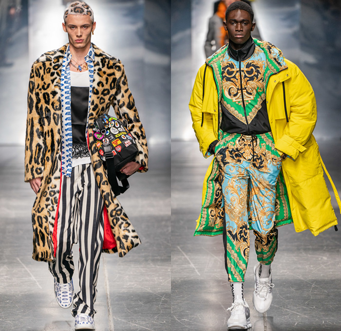 Versace 2019-2020 Fall Autumn Winter Mens Runway Looks - Milano Moda Uomo Milan Fashion Week Italy - High Streetwear Barocco Ford Collaboration Beanie Knitwear Sweater Zigzag Coat Peacoat Stripes Leopard Belts Brooch Ornaments Print Graphic Campaign Buttons Pins Plastic Rainwear Scarf Suit Moto Biker Pants Boxing Shorts Slouchy Denim Jeans Bedazzled Fanny Pack Bum Bag Tote Trainers Running Shoes