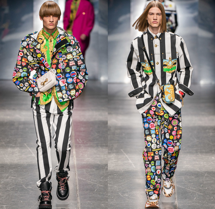 Versace 2019-2020 Fall Autumn Winter Mens Runway Looks - Milano Moda Uomo Milan Fashion Week Italy - High Streetwear Barocco Ford Collaboration Beanie Knitwear Sweater Zigzag Coat Peacoat Stripes Leopard Belts Brooch Ornaments Print Graphic Campaign Buttons Pins Plastic Rainwear Scarf Suit Moto Biker Pants Boxing Shorts Slouchy Denim Jeans Bedazzled Fanny Pack Bum Bag Tote Trainers Running Shoes