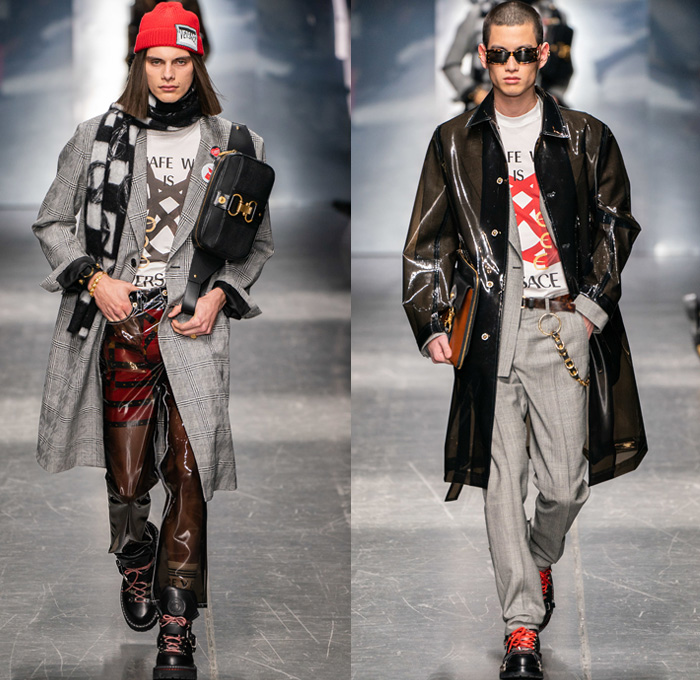 Versace 2019-2020 Fall Autumn Winter Mens Runway Looks - Milano Moda Uomo Milan Fashion Week Italy - High Streetwear Barocco Ford Collaboration Beanie Knitwear Sweater Zigzag Coat Peacoat Stripes Leopard Belts Brooch Ornaments Print Graphic Campaign Buttons Pins Plastic Rainwear Scarf Suit Moto Biker Pants Boxing Shorts Slouchy Denim Jeans Bedazzled Fanny Pack Bum Bag Tote Trainers Running Shoes