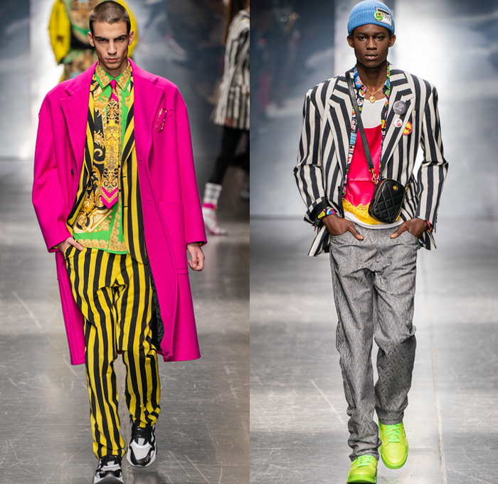 Versace 2019-2020 Fall Autumn Winter Mens Runway Looks - Milano Moda Uomo Milan Fashion Week Italy - High Streetwear Barocco Ford Collaboration Beanie Knitwear Sweater Zigzag Coat Peacoat Stripes Leopard Belts Brooch Ornaments Print Graphic Campaign Buttons Pins Plastic Rainwear Scarf Suit Moto Biker Pants Boxing Shorts Slouchy Denim Jeans Bedazzled Fanny Pack Bum Bag Tote Trainers Running Shoes