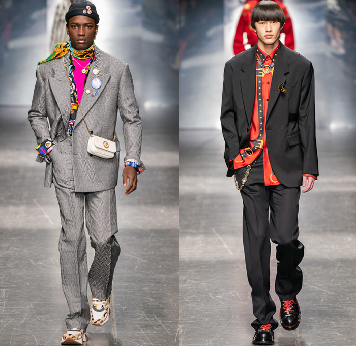 Versace 2019-2020 Fall Autumn Winter Mens Runway Looks - Milano Moda Uomo Milan Fashion Week Italy - High Streetwear Barocco Ford Collaboration Beanie Knitwear Sweater Zigzag Coat Peacoat Stripes Leopard Belts Brooch Ornaments Print Graphic Campaign Buttons Pins Plastic Rainwear Scarf Suit Moto Biker Pants Boxing Shorts Slouchy Denim Jeans Bedazzled Fanny Pack Bum Bag Tote Trainers Running Shoes
