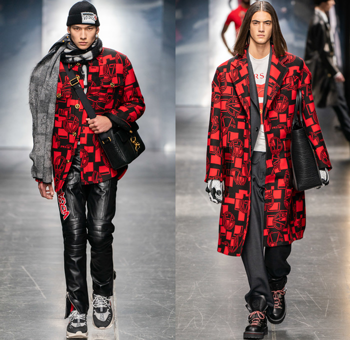 Versace 2019-2020 Fall Autumn Winter Mens Runway Looks - Milano Moda Uomo Milan Fashion Week Italy - High Streetwear Barocco Ford Collaboration Beanie Knitwear Sweater Zigzag Coat Peacoat Stripes Leopard Belts Brooch Ornaments Print Graphic Campaign Buttons Pins Plastic Rainwear Scarf Suit Moto Biker Pants Boxing Shorts Slouchy Denim Jeans Bedazzled Fanny Pack Bum Bag Tote Trainers Running Shoes