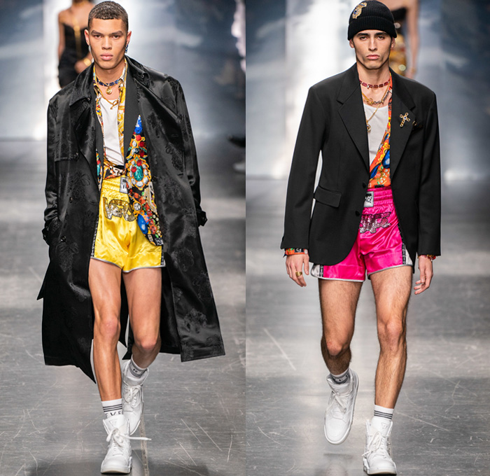 Versace 2019-2020 Fall Autumn Winter Mens Runway Looks - Milano Moda Uomo Milan Fashion Week Italy - High Streetwear Barocco Ford Collaboration Beanie Knitwear Sweater Zigzag Coat Peacoat Stripes Leopard Belts Brooch Ornaments Print Graphic Campaign Buttons Pins Plastic Rainwear Scarf Suit Moto Biker Pants Boxing Shorts Slouchy Denim Jeans Bedazzled Fanny Pack Bum Bag Tote Trainers Running Shoes