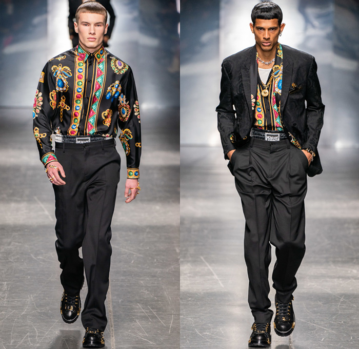 Versace 2019-2020 Fall Autumn Winter Mens Runway Looks - Milano Moda Uomo Milan Fashion Week Italy - High Streetwear Barocco Ford Collaboration Beanie Knitwear Sweater Zigzag Coat Peacoat Stripes Leopard Belts Brooch Ornaments Print Graphic Campaign Buttons Pins Plastic Rainwear Scarf Suit Moto Biker Pants Boxing Shorts Slouchy Denim Jeans Bedazzled Fanny Pack Bum Bag Tote Trainers Running Shoes