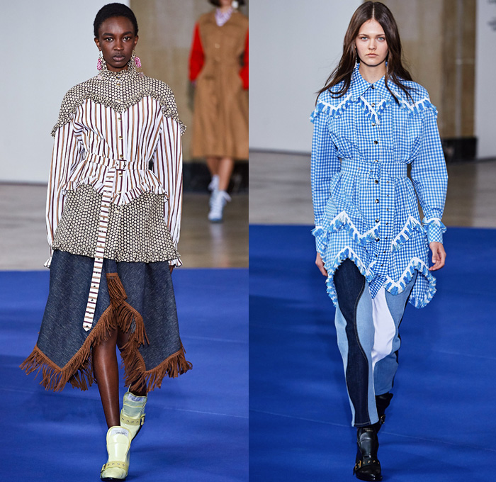 Victoria/Tomas 2019-2020 Fall Autumn Winter Womens Runway Catwalk Looks - Mode à Paris Fashion Week France - Western Multi-Panel Flowers Floral Print Stripes Ruffles Fringes Denim Jeans Cargo Utility Pockets Trench Coat Safari Jacket Gingham Check Jagged Sweatshirt Cape Drawstring Cinch Knit Turtleneck Sweater Blouse Half Split Dress Wide Leg Palazzo Pants Gladiator Snakeskin Boots