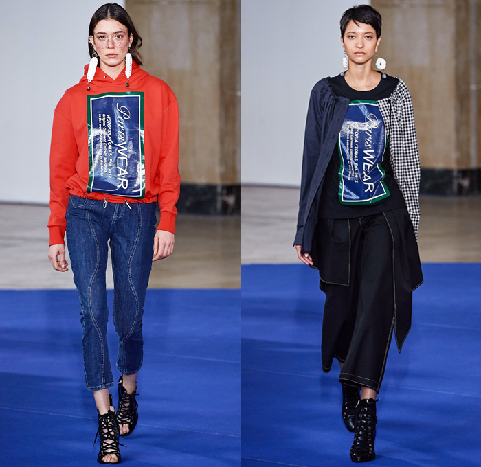 Victoria/Tomas 2019-2020 Fall Autumn Winter Womens Runway Catwalk Looks - Mode à Paris Fashion Week France - Western Multi-Panel Flowers Floral Print Stripes Ruffles Fringes Denim Jeans Cargo Utility Pockets Trench Coat Safari Jacket Gingham Check Jagged Sweatshirt Cape Drawstring Cinch Knit Turtleneck Sweater Blouse Half Split Dress Wide Leg Palazzo Pants Gladiator Snakeskin Boots