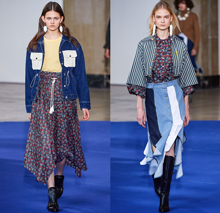 Victoria/Tomas 2019-2020 Fall Autumn Winter Womens Runway Catwalk Looks - Mode à Paris Fashion Week France - Western Multi-Panel Flowers Floral Print Stripes Ruffles Fringes Denim Jeans Cargo Utility Pockets Trench Coat Safari Jacket Gingham Check Jagged Sweatshirt Cape Drawstring Cinch Knit Turtleneck Sweater Blouse Half Split Dress Wide Leg Palazzo Pants Gladiator Snakeskin Boots