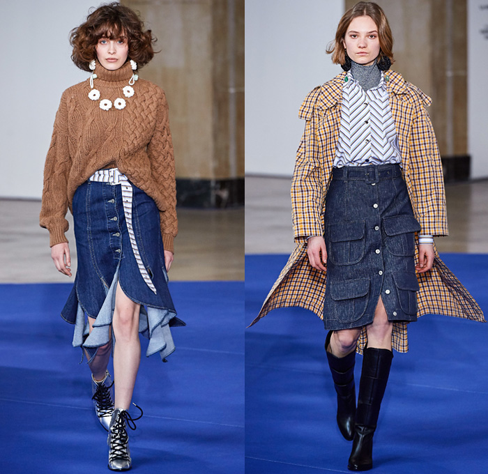 Victoria/Tomas 2019-2020 Fall Autumn Winter Womens Runway Catwalk Looks - Mode à Paris Fashion Week France - Western Multi-Panel Flowers Floral Print Stripes Ruffles Fringes Denim Jeans Cargo Utility Pockets Trench Coat Safari Jacket Gingham Check Jagged Sweatshirt Cape Drawstring Cinch Knit Turtleneck Sweater Blouse Half Split Dress Wide Leg Palazzo Pants Gladiator Snakeskin Boots