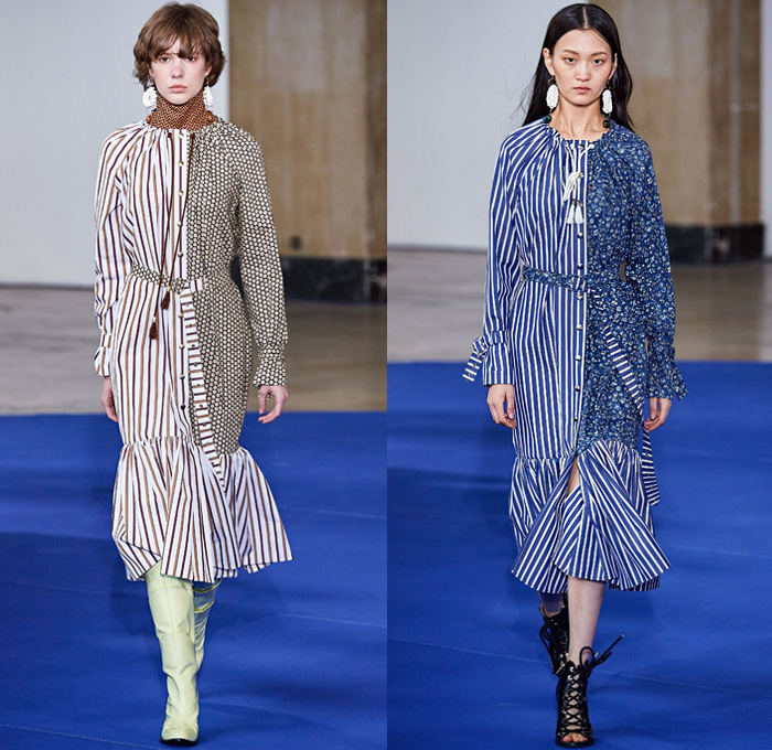 Victoria/Tomas 2019-2020 Fall Autumn Winter Womens Runway Catwalk Looks - Mode à Paris Fashion Week France - Western Multi-Panel Flowers Floral Print Stripes Ruffles Fringes Denim Jeans Cargo Utility Pockets Trench Coat Safari Jacket Gingham Check Jagged Sweatshirt Cape Drawstring Cinch Knit Turtleneck Sweater Blouse Half Split Dress Wide Leg Palazzo Pants Gladiator Snakeskin Boots