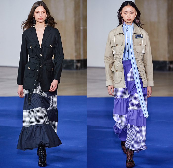 Victoria/Tomas 2019-2020 Fall Autumn Winter Womens Runway Catwalk Looks - Mode à Paris Fashion Week France - Western Multi-Panel Flowers Floral Print Stripes Ruffles Fringes Denim Jeans Cargo Utility Pockets Trench Coat Safari Jacket Gingham Check Jagged Sweatshirt Cape Drawstring Cinch Knit Turtleneck Sweater Blouse Half Split Dress Wide Leg Palazzo Pants Gladiator Snakeskin Boots