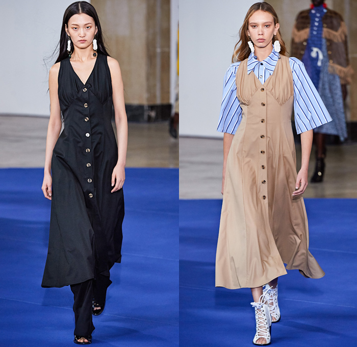 Victoria/Tomas 2019-2020 Fall Autumn Winter Womens Runway Catwalk Looks - Mode à Paris Fashion Week France - Western Multi-Panel Flowers Floral Print Stripes Ruffles Fringes Denim Jeans Cargo Utility Pockets Trench Coat Safari Jacket Gingham Check Jagged Sweatshirt Cape Drawstring Cinch Knit Turtleneck Sweater Blouse Half Split Dress Wide Leg Palazzo Pants Gladiator Snakeskin Boots