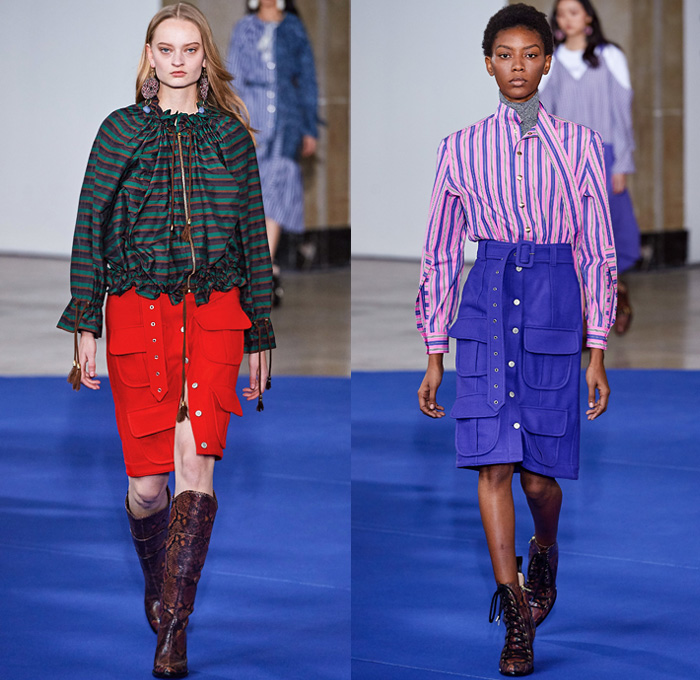 Victoria/Tomas 2019-2020 Fall Autumn Winter Womens Runway Catwalk Looks - Mode à Paris Fashion Week France - Western Multi-Panel Flowers Floral Print Stripes Ruffles Fringes Denim Jeans Cargo Utility Pockets Trench Coat Safari Jacket Gingham Check Jagged Sweatshirt Cape Drawstring Cinch Knit Turtleneck Sweater Blouse Half Split Dress Wide Leg Palazzo Pants Gladiator Snakeskin Boots