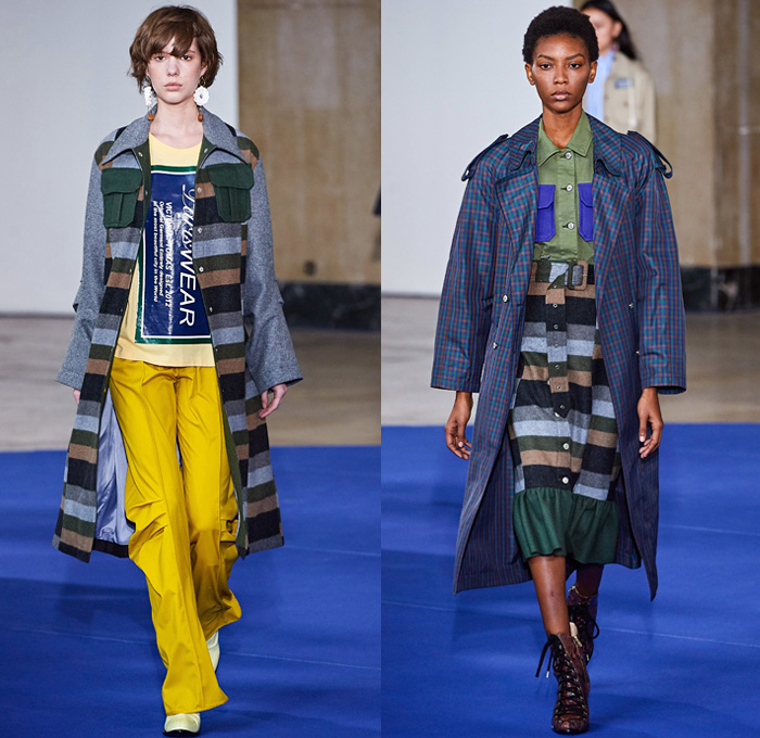 Victoria/Tomas 2019-2020 Fall Autumn Winter Womens Runway Catwalk Looks - Mode à Paris Fashion Week France - Western Multi-Panel Flowers Floral Print Stripes Ruffles Fringes Denim Jeans Cargo Utility Pockets Trench Coat Safari Jacket Gingham Check Jagged Sweatshirt Cape Drawstring Cinch Knit Turtleneck Sweater Blouse Half Split Dress Wide Leg Palazzo Pants Gladiator Snakeskin Boots