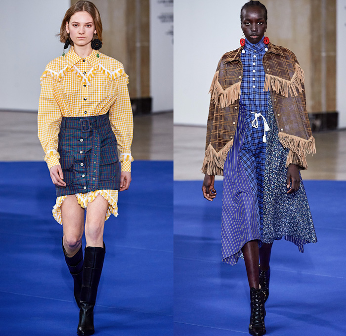 Victoria/Tomas 2019-2020 Fall Autumn Winter Womens Runway Catwalk Looks - Mode à Paris Fashion Week France - Western Multi-Panel Flowers Floral Print Stripes Ruffles Fringes Denim Jeans Cargo Utility Pockets Trench Coat Safari Jacket Gingham Check Jagged Sweatshirt Cape Drawstring Cinch Knit Turtleneck Sweater Blouse Half Split Dress Wide Leg Palazzo Pants Gladiator Snakeskin Boots