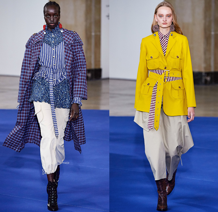 Victoria/Tomas 2019-2020 Fall Autumn Winter Womens Runway Catwalk Looks - Mode à Paris Fashion Week France - Western Multi-Panel Flowers Floral Print Stripes Ruffles Fringes Denim Jeans Cargo Utility Pockets Trench Coat Safari Jacket Gingham Check Jagged Sweatshirt Cape Drawstring Cinch Knit Turtleneck Sweater Blouse Half Split Dress Wide Leg Palazzo Pants Gladiator Snakeskin Boots