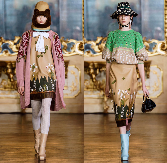 Vivetta Ponti 2019-2020 Fall Autumn Winter Womens Runway Catwalk Looks - Milano Moda Donna Collezione Milan Fashion Week Italy - Joseph Holdcroft Upholstery Sofa Couch Quilted Puffer Nostalgia Retro Antique Carpet Duchesse Bedspread Lampshade Teddy Bears Kittens Heart Mirrors Majolica Piumino Knit Cardigan Lace Embroidery Trompe L'oeil Garden Hat Eye Holes Pussycat Bow Grandma Chic Sheer Chiffon Patchwork Ruffles Velvet Flowers Floral Blazer Pantsuit Leggings Boots Handbag