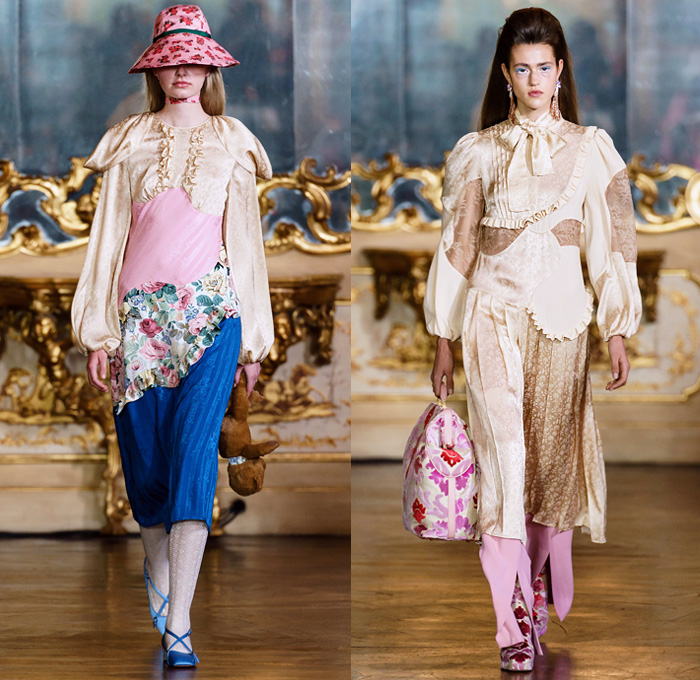 Vivetta Ponti 2019-2020 Fall Autumn Winter Womens Runway Catwalk Looks - Milano Moda Donna Collezione Milan Fashion Week Italy - Joseph Holdcroft Upholstery Sofa Couch Quilted Puffer Nostalgia Retro Antique Carpet Duchesse Bedspread Lampshade Teddy Bears Kittens Heart Mirrors Majolica Piumino Knit Cardigan Lace Embroidery Trompe L'oeil Garden Hat Eye Holes Pussycat Bow Grandma Chic Sheer Chiffon Patchwork Ruffles Velvet Flowers Floral Blazer Pantsuit Leggings Boots Handbag