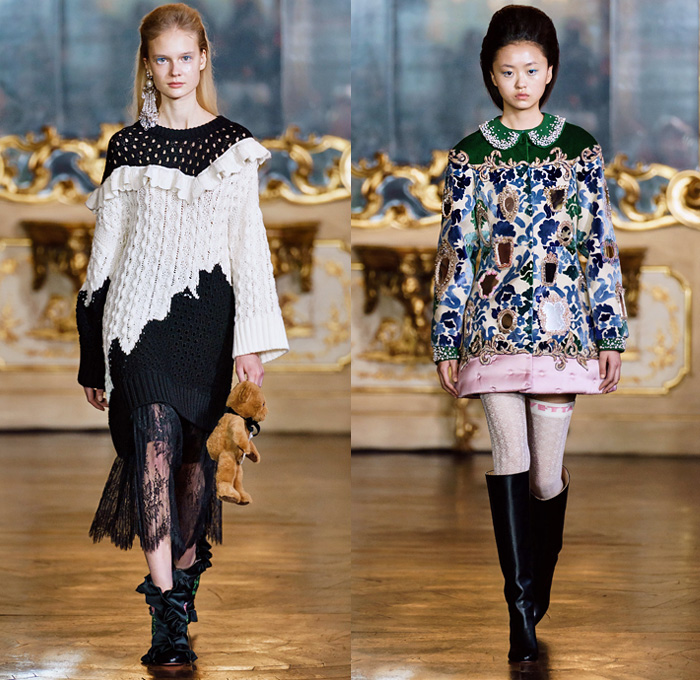 Vivetta Ponti 2019-2020 Fall Autumn Winter Womens Runway Catwalk Looks - Milano Moda Donna Collezione Milan Fashion Week Italy - Joseph Holdcroft Upholstery Sofa Couch Quilted Puffer Nostalgia Retro Antique Carpet Duchesse Bedspread Lampshade Teddy Bears Kittens Heart Mirrors Majolica Piumino Knit Cardigan Lace Embroidery Trompe L'oeil Garden Hat Eye Holes Pussycat Bow Grandma Chic Sheer Chiffon Patchwork Ruffles Velvet Flowers Floral Blazer Pantsuit Leggings Boots Handbag