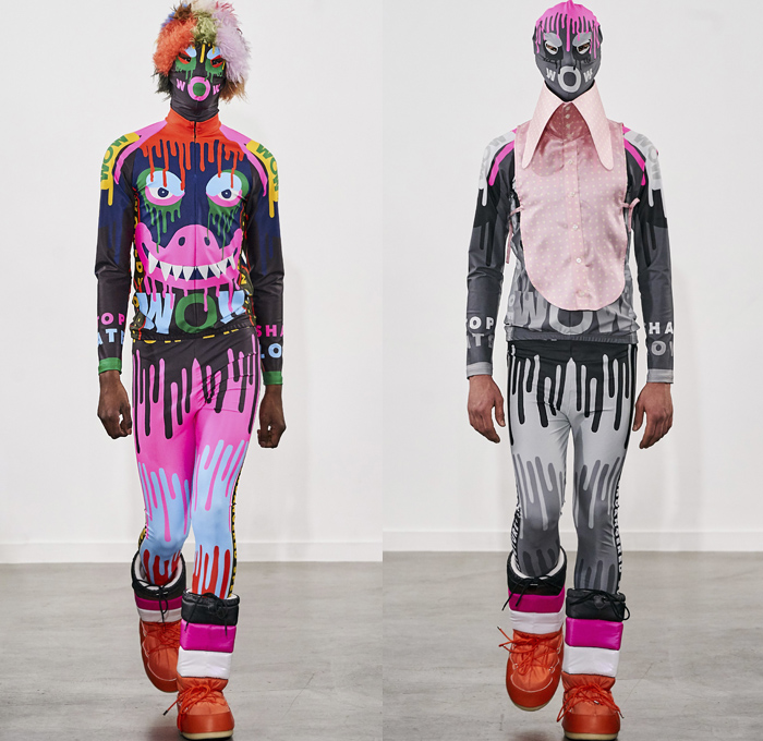 Walter Van Beirendonck 2019-2020 Fall Autumn Winter Mens Runway Show Looks - Mode à Paris Fashion Week Mode Masculine France - Wow Monsters Eyes Teeth Drippings Geometric Multicolored Mask Trackwear Fur Plush Coat Onesie Jumpsuit Coveralls Wide Collar Biker Jacket Glitter Knit Sweater Deconstructed Hoodie Parka Wool Straps Leopard Wings Padded Pillows Leggings Tights Boxing Shorts Lanyard Quilted Arctic Boots 