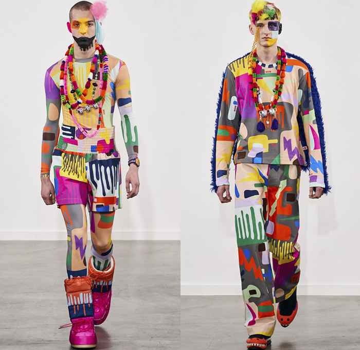 Walter Van Beirendonck 2019-2020 Fall Autumn Winter Mens Runway Show Looks - Mode à Paris Fashion Week Mode Masculine France - Wow Monsters Eyes Teeth Drippings Geometric Multicolored Mask Trackwear Fur Plush Coat Onesie Jumpsuit Coveralls Wide Collar Biker Jacket Glitter Knit Sweater Deconstructed Hoodie Parka Wool Straps Leopard Wings Padded Pillows Leggings Tights Boxing Shorts Lanyard Quilted Arctic Boots 